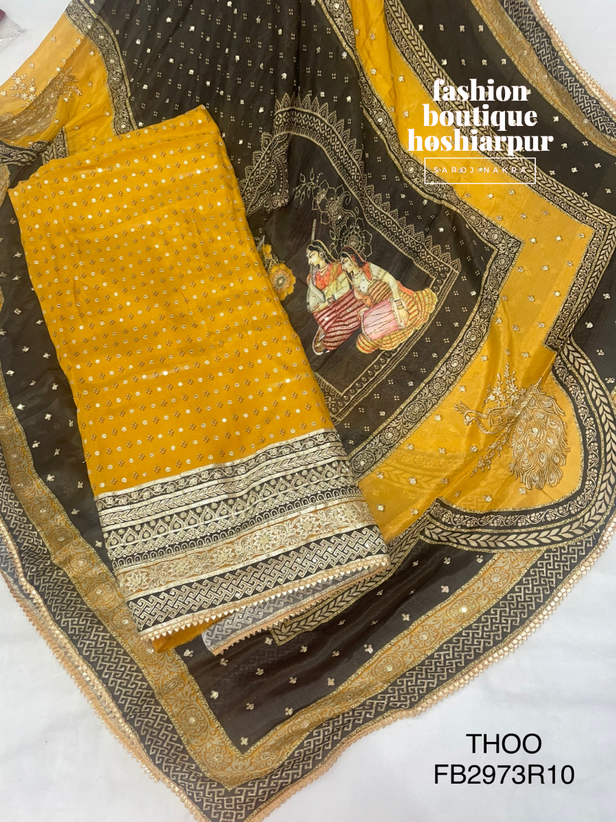 YELLOW BANDHANI PRINTED UNSTITCH CREPE SUIT