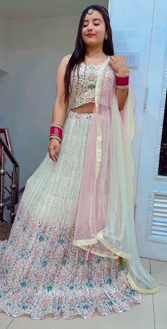 OFF-WHITE PRINTED LEHENGA WITH THREAD WORK