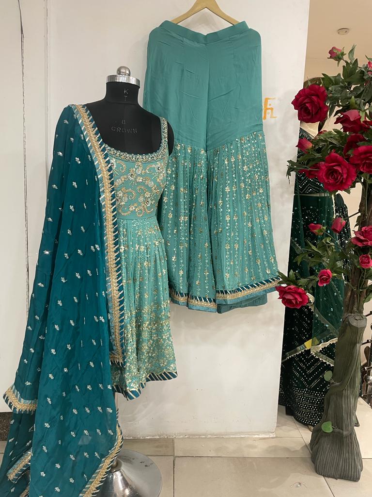 SEAGREEN PEPLUM WITH SHARARA HAND EMBROIDERD AND CONTRAST DARK GREEN DUPATTA