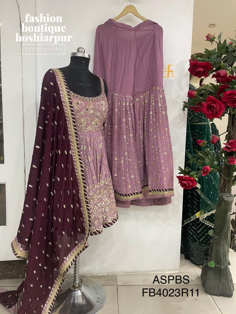 MAUVE COLORED GEORGETTE PEPLUM HAND EMBROIDERED WITH SHARARA AND CONTRAST WINE DUPATTA