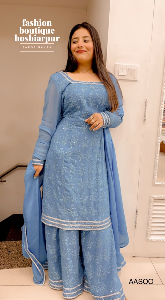 BLUE CUSTOMIZED SHARARA SUIT IN LAKHNAVI MATERIAL